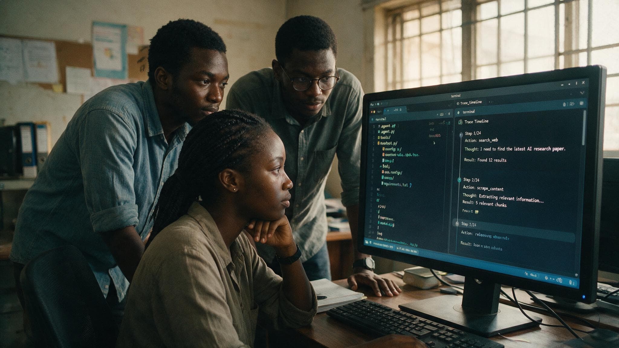 Three young engineers watching an AI agent run on a monitor in a Lagos office