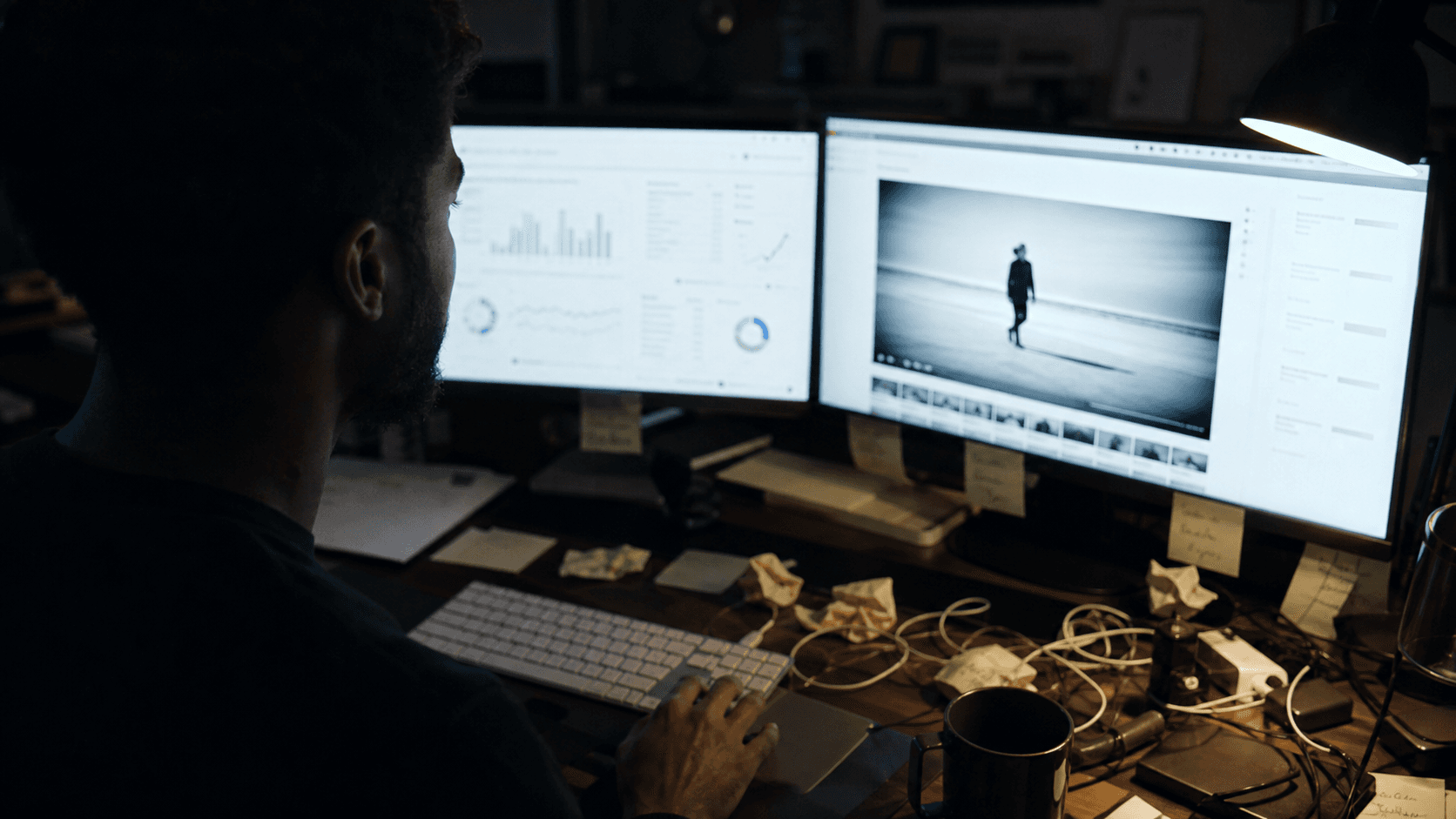 Media strategist reviewing campaign dashboards at a cluttered desk