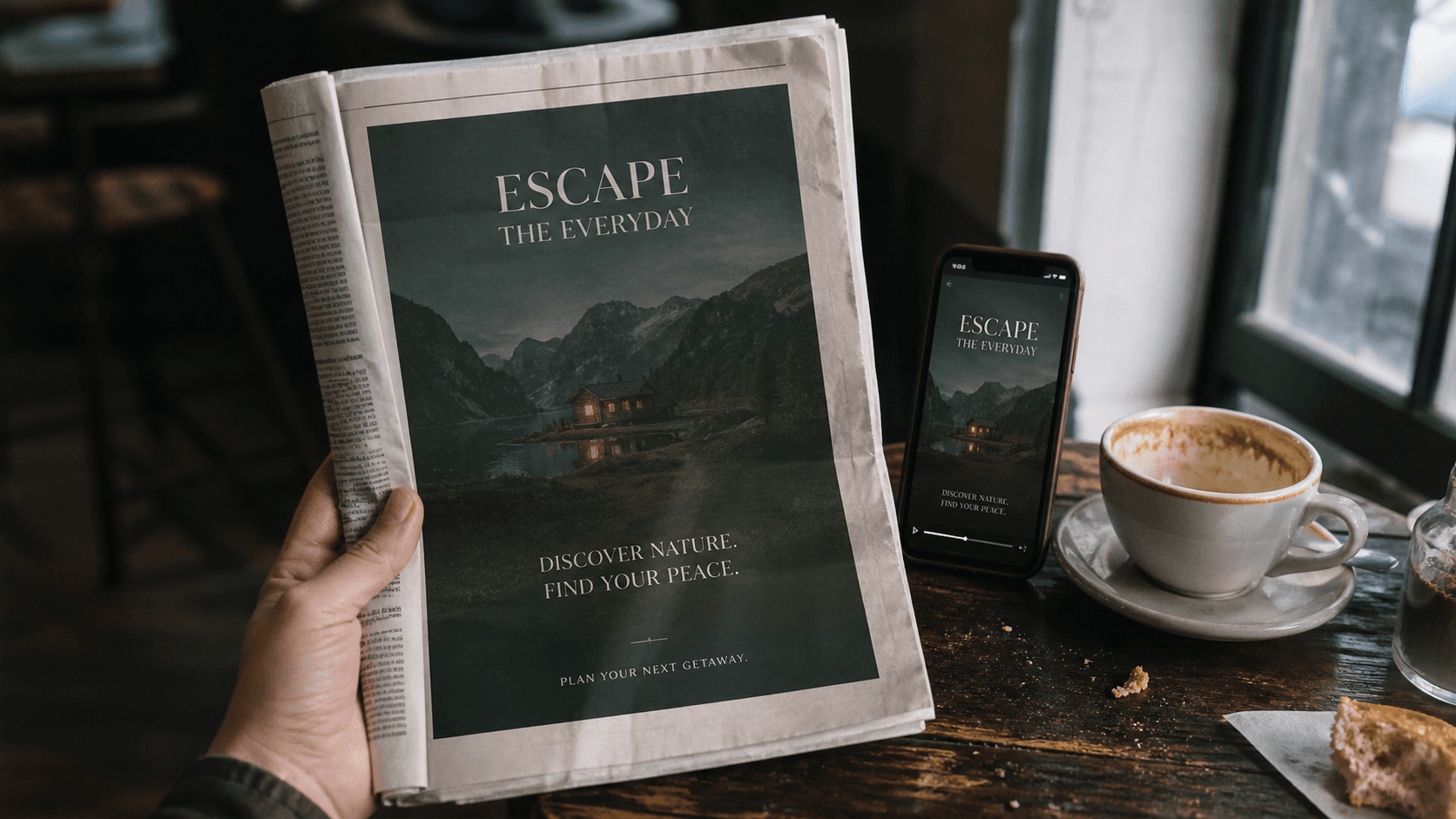 Newspaper and smartphone showing the same fictional campaign