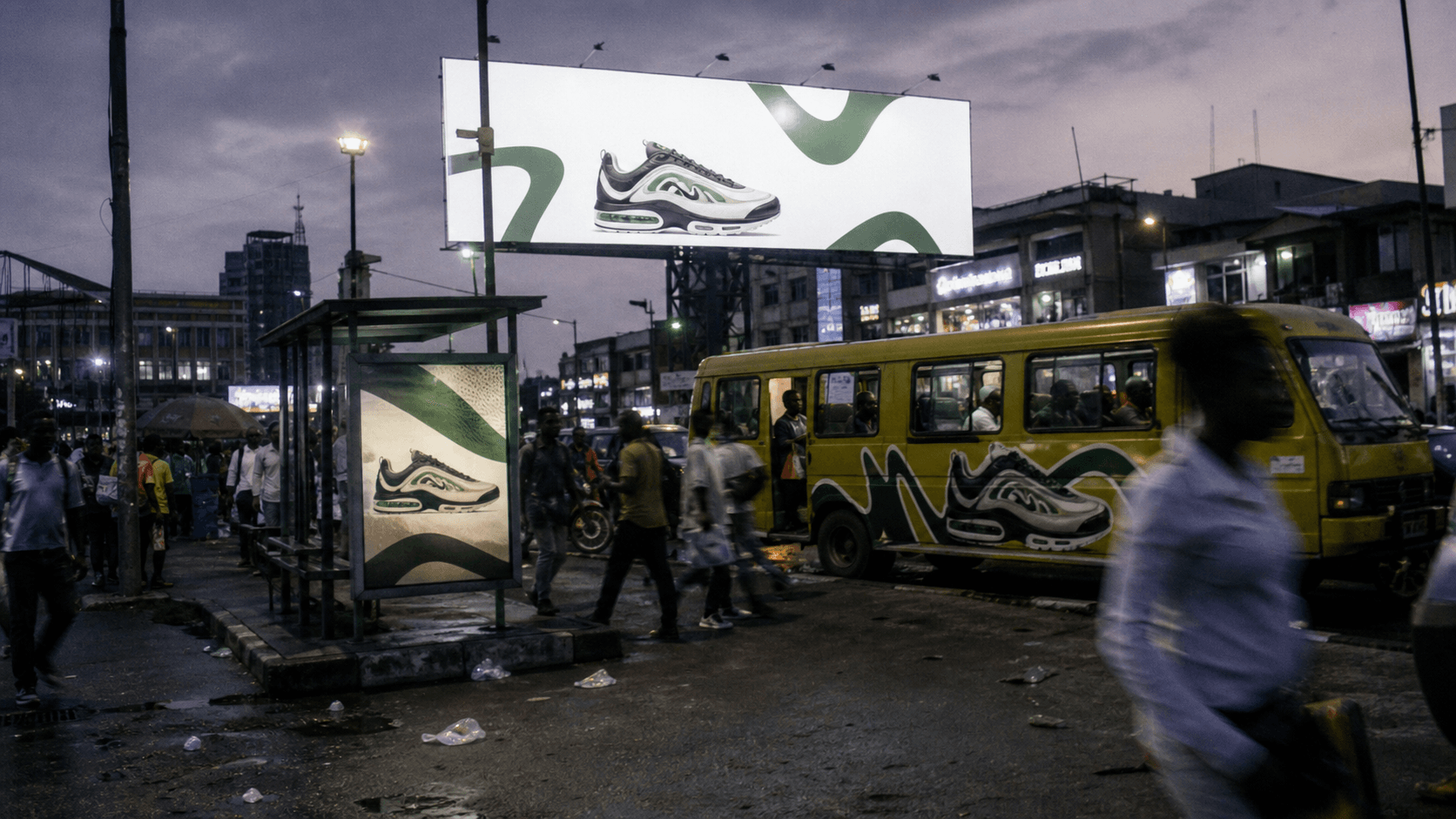 Digital billboard and campaign placements above a busy Lagos street