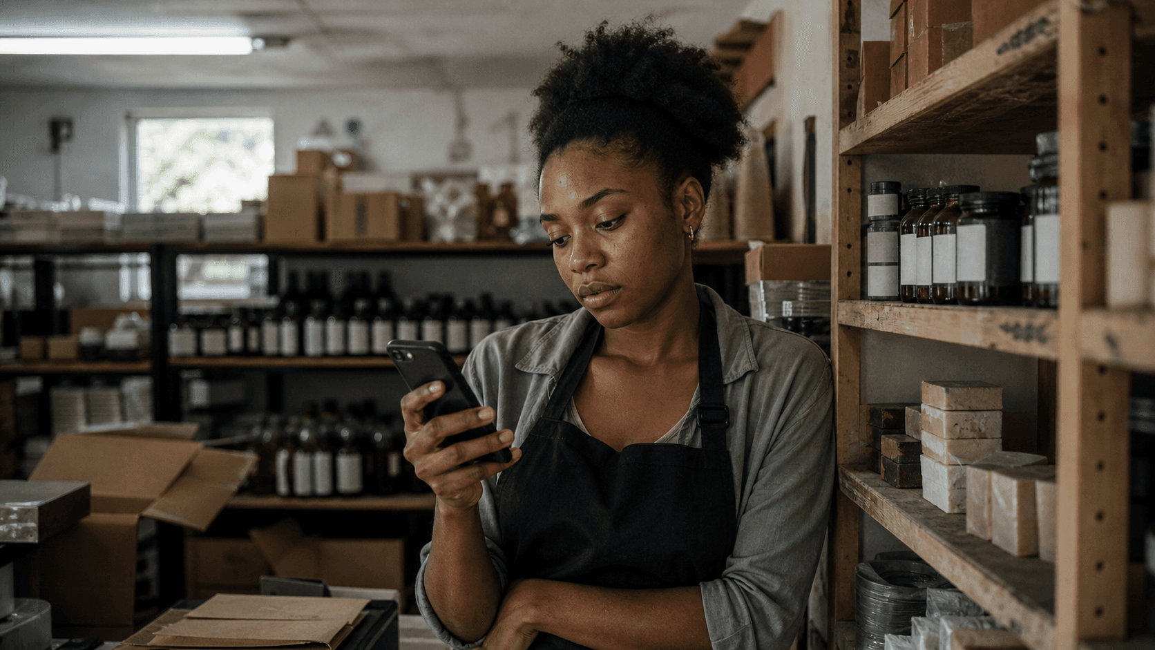 Black founder checking her phone in a small product boutique